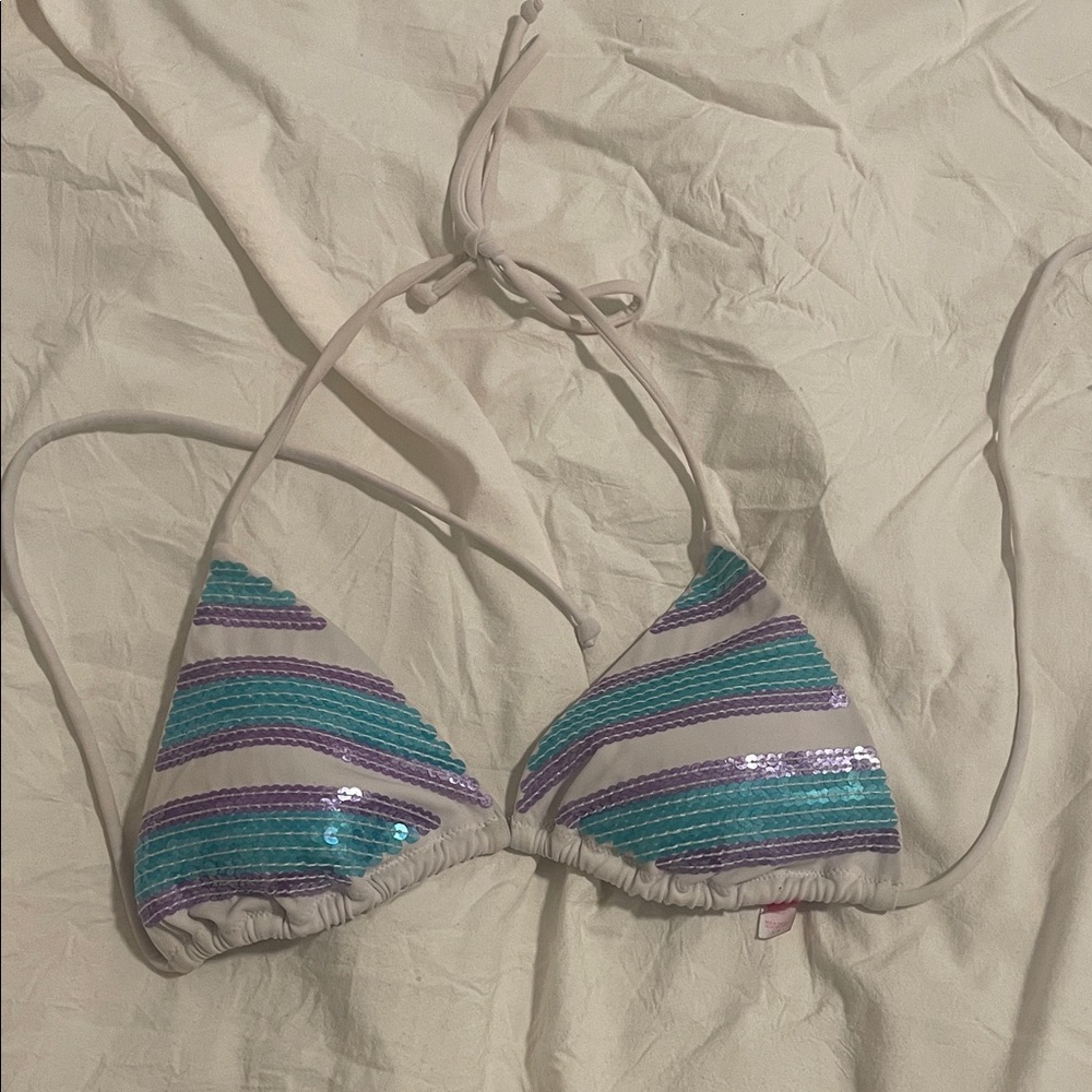 Victoria's Secret White Triangle Bikini Top with Teal and Purple Sequin Stripes